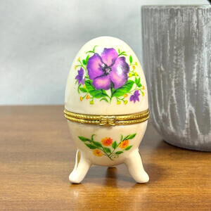 Vintage Egg Trinket Box Floral Footed 3" high Hinged Gold Accent Tri Foot